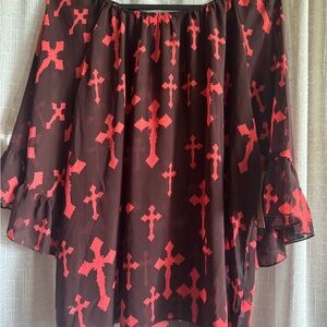 Red Cross Print Off-Shoulder Blouse
